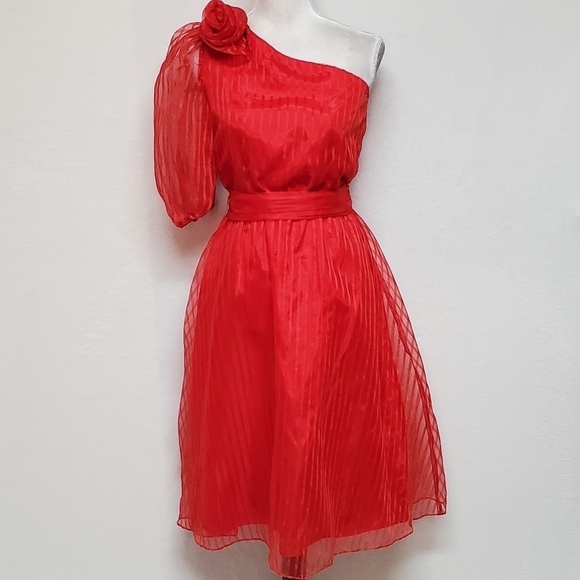 VINTAGE 1970s Shangri-La Red Pinstripe One-Shoulder Belted Midi Dress ILGWU - Picture 4 of 16